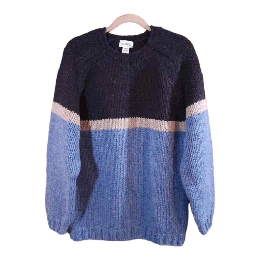 Vintage J. Crew Hand Knit Heavyweight Wool Colorblock Sweater Preppy Men's LT
